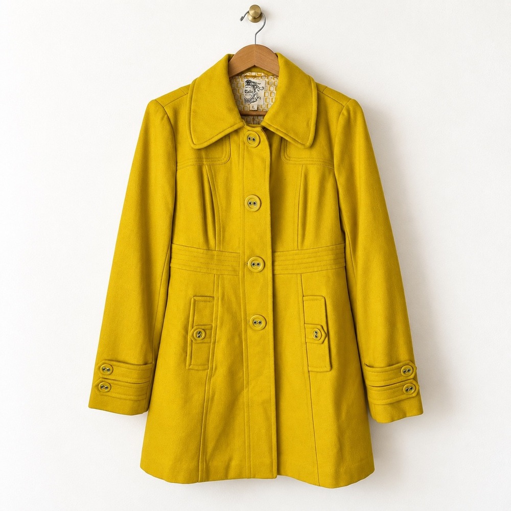 Tulle Pea Coat Women Large Yellow Mustard Wool Blend Mod Retro Statement Preppy